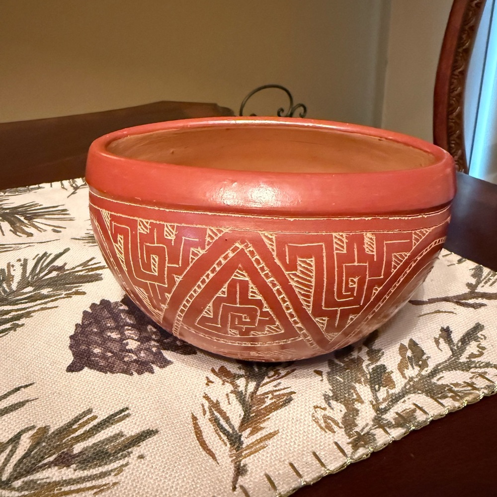 Vintage Handmade Itched Bowl/Vase Pottery with Geometric Patterns Made  Brazil